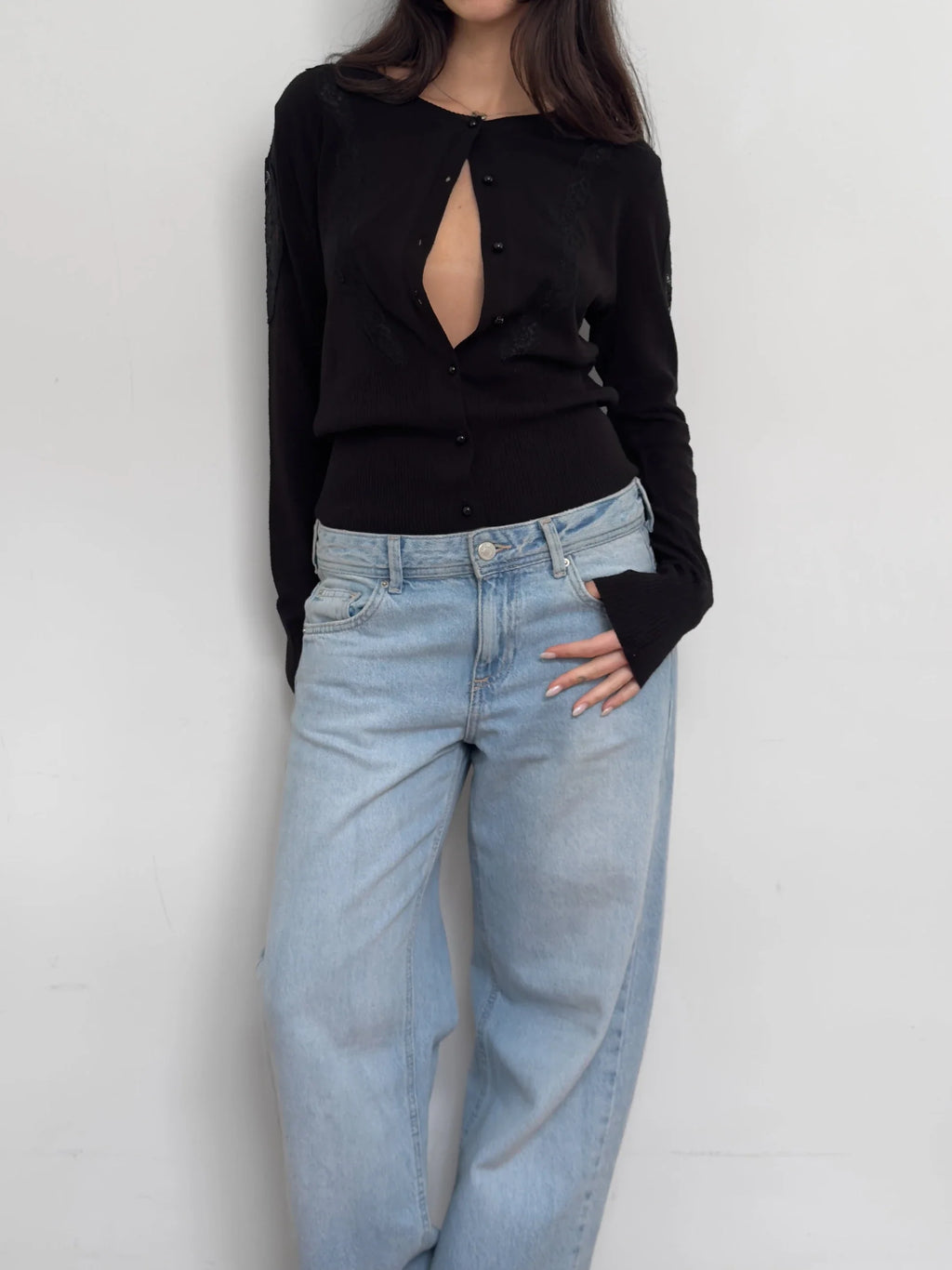 Lace-Detailed Black Cardigan