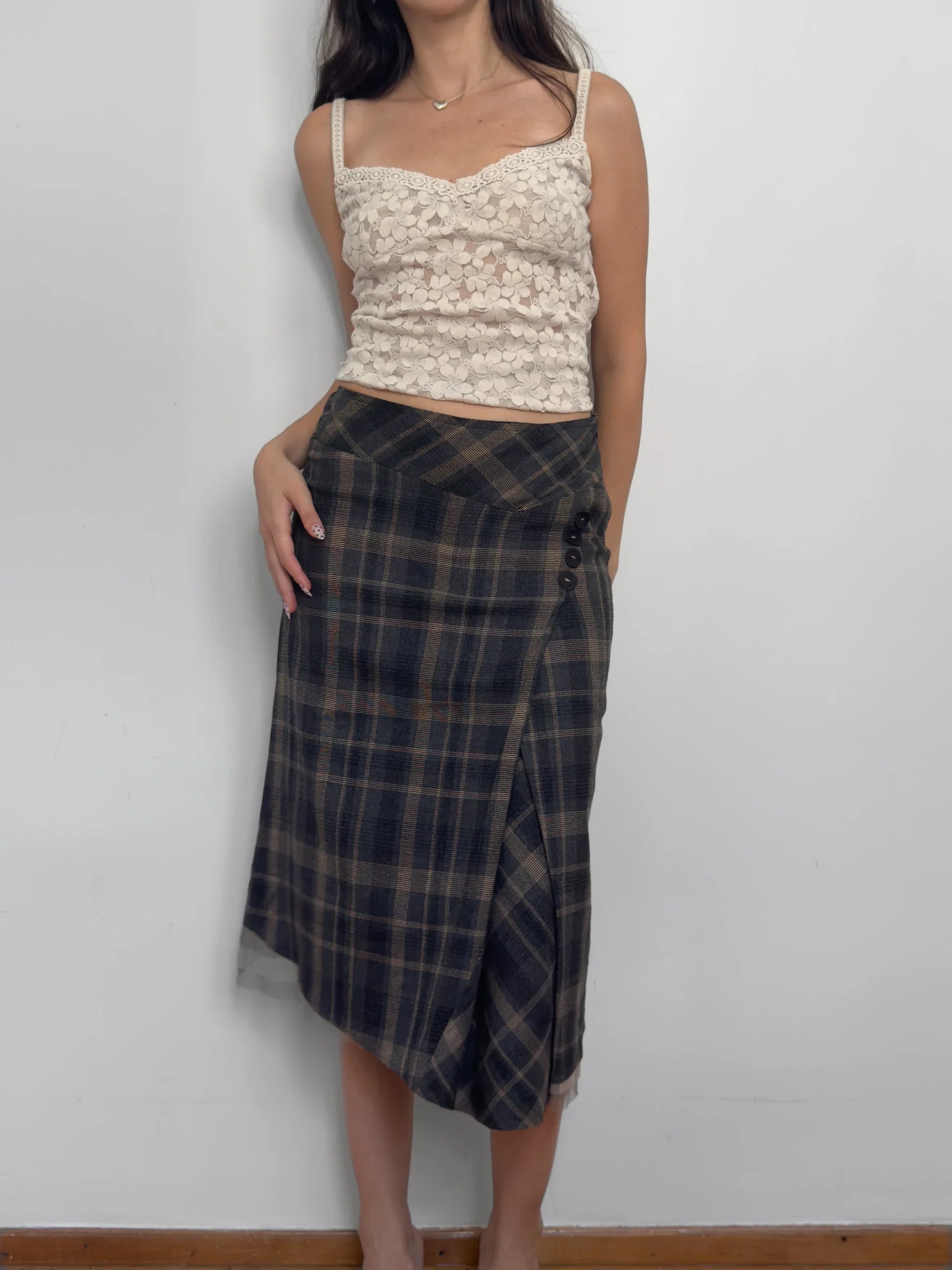 Tulle-Detailed Checked Skirt