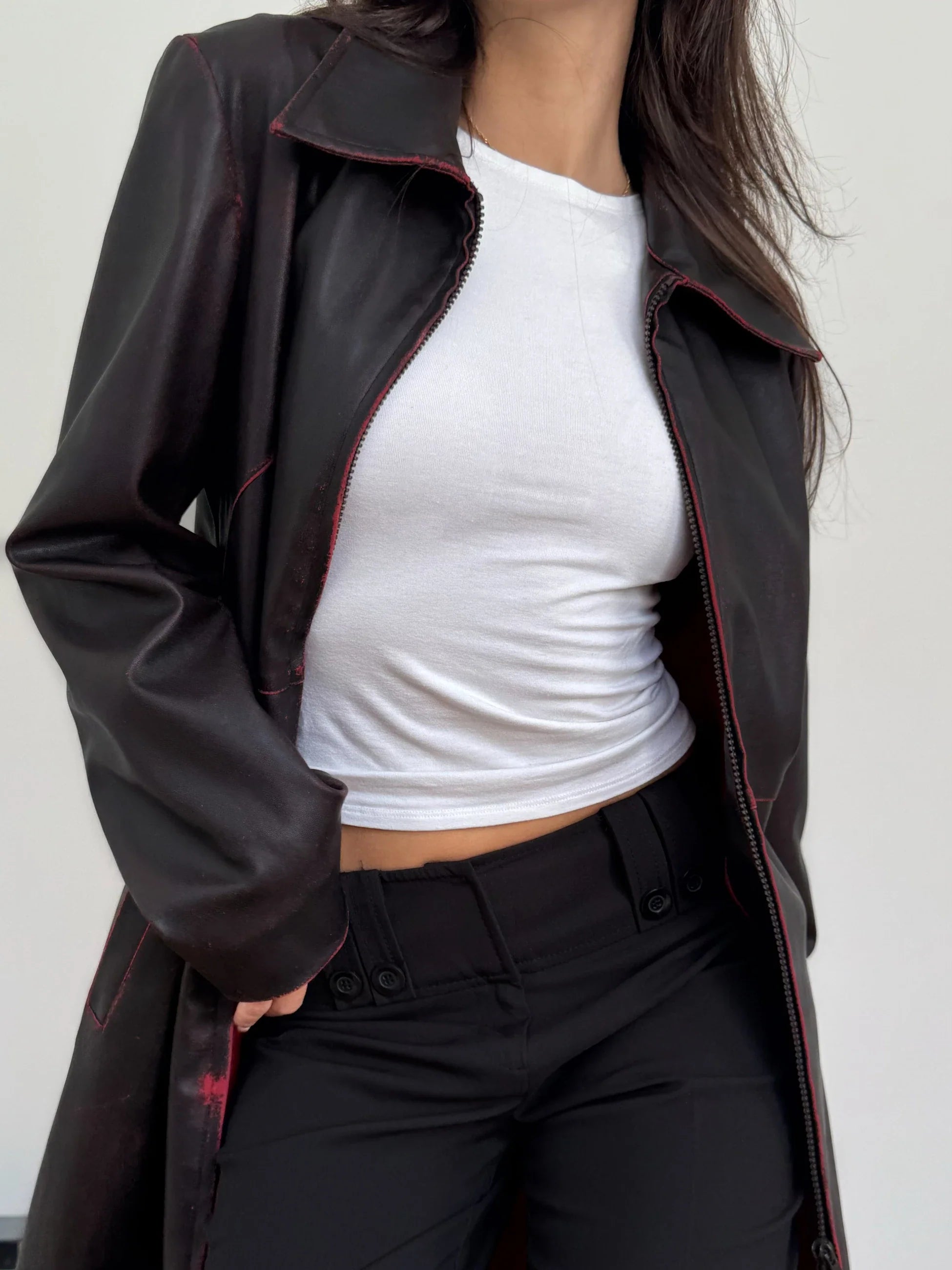 Distressed Faux Leather Trench Coat