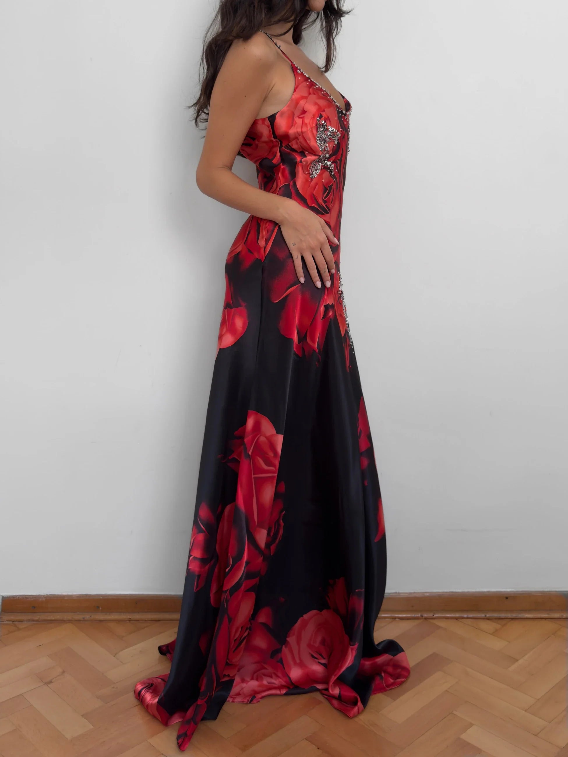 Patterned Satin Evening Dress