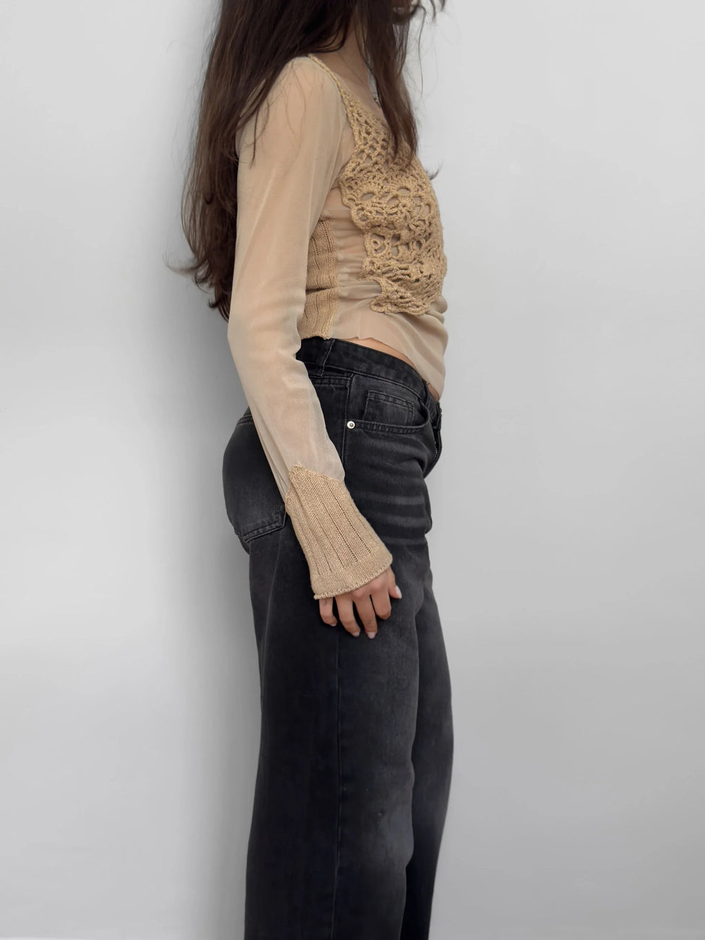 Tulle-Detailed Beige Sweater