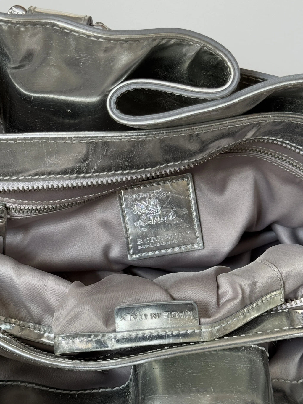 Burberry Sliced Check Silver Leather Bag