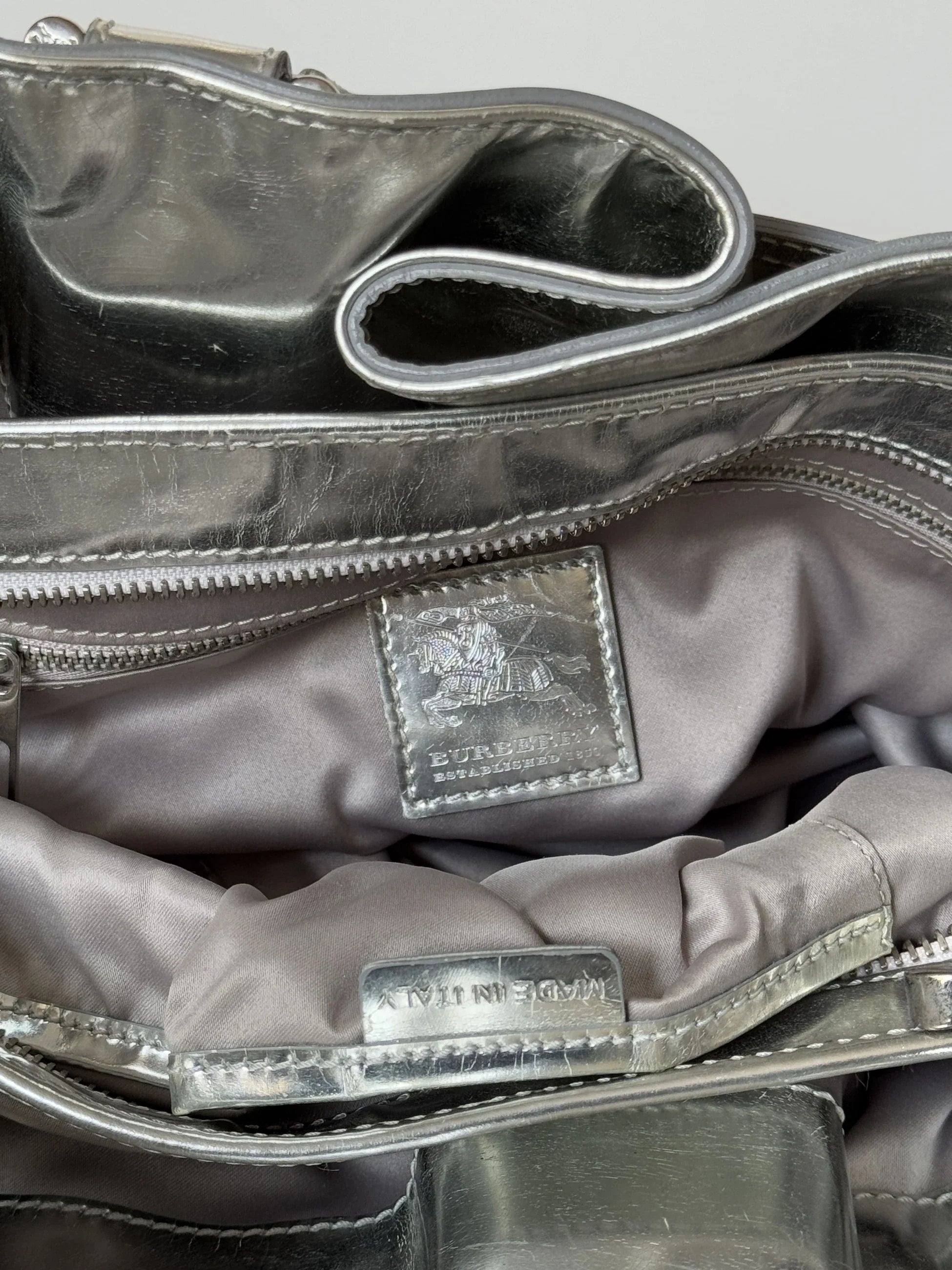 Burberry Sliced Check Silver Leather Bag