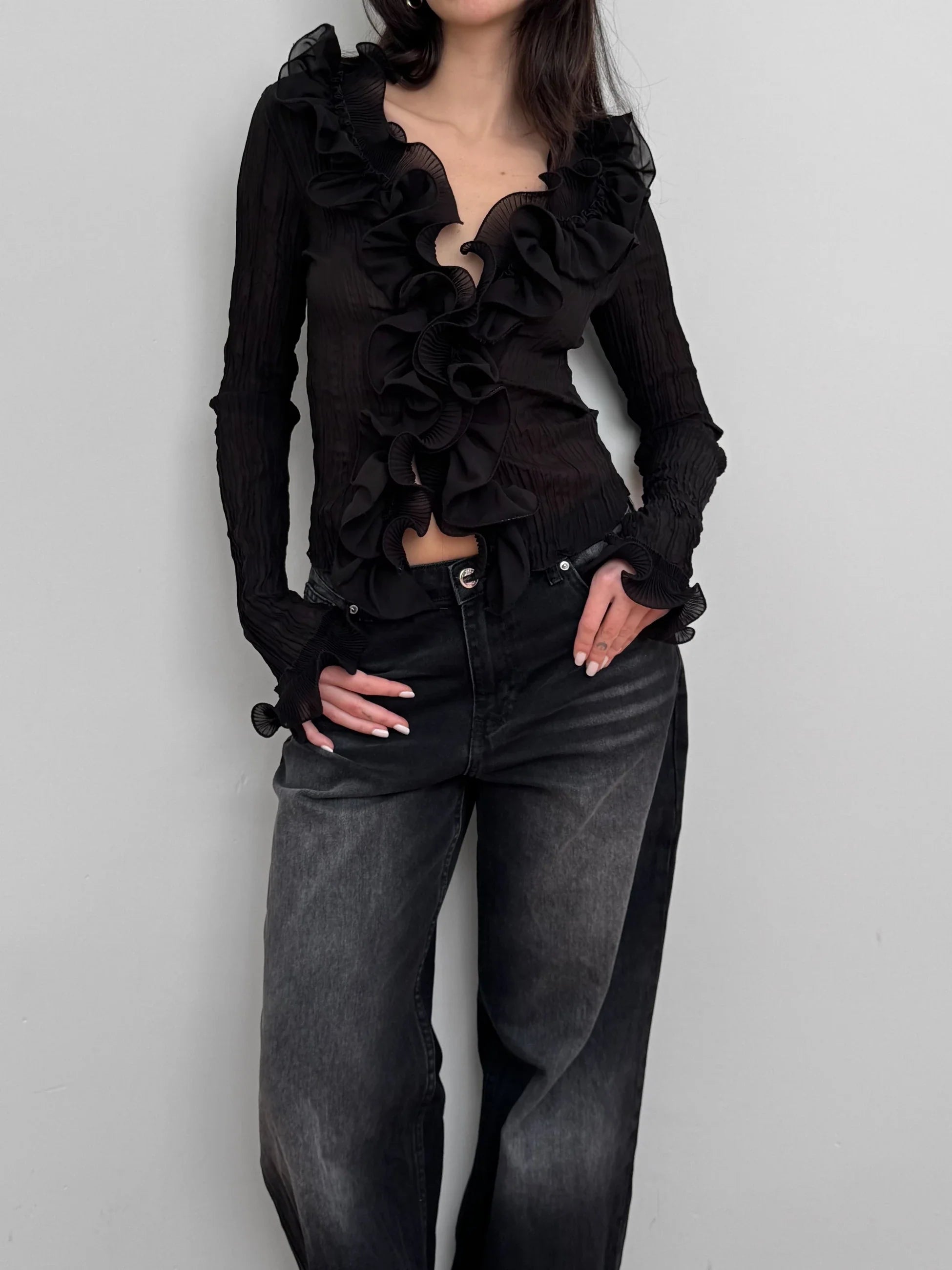Black Ruffled Tulle Shirt